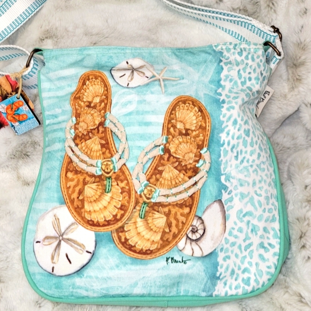 Flip flop with sea shells canvas crossbody purse.  By Sun N Sand.